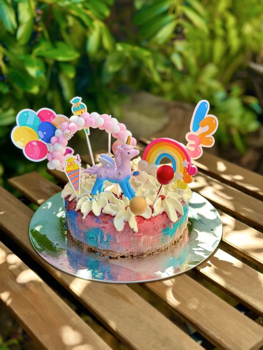 Bunte Kinder-Eistorte mit Regenbogen- und Einhorn-Dekoration